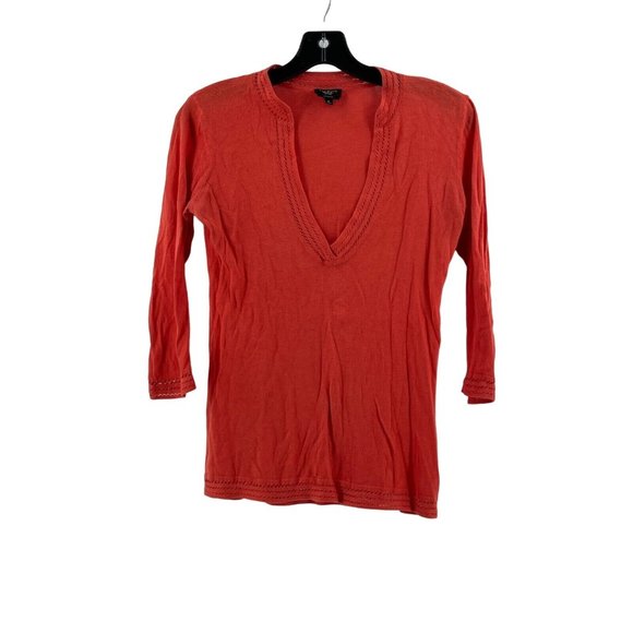 Talbots Petites Women's Orange Long Sleeve V Neck Knit Top Blouse Shirt Size PS - Picture 2 of 9